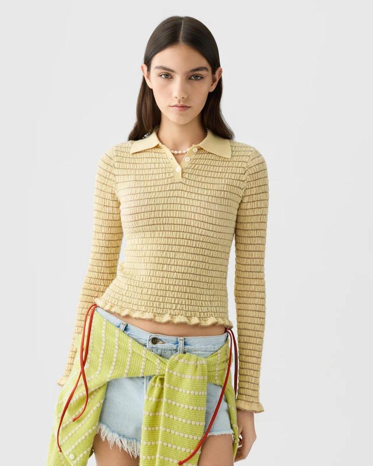 Guest in residence - Smocked L/S shrunken polo